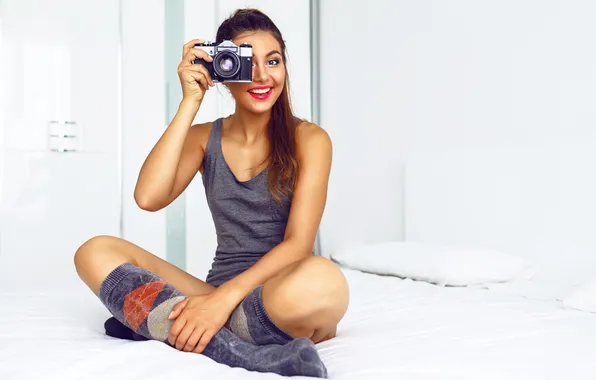 Girl, camera, beautiful, model, pretty, sweet, long-haired, tank top