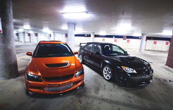 Картинка Тюнинг, Lancer, парковка, Orange, Evolution, subaru, STI, Black
