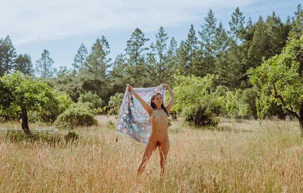 Grass, forest, trees, nature, nipples, beautiful, nude, brunette