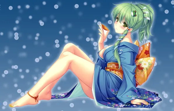 Девушка, снежинки, фон, кимоно, зеленые волосы, touhou, kochiya sanae, сидя