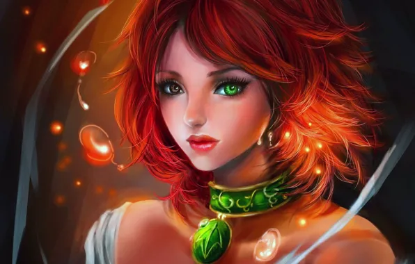Картинка девушка, пузырьки, арт, кулон, рыжая, искорки, разные глаза, rikamello