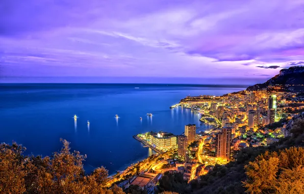 Море, ночь, огни, побережье, горизонт, Монако, Monte Carlo