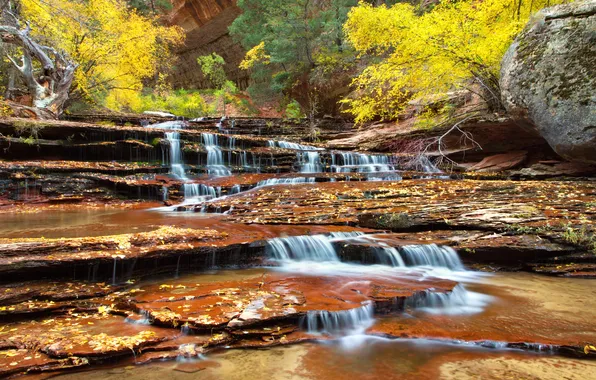 Картинка осень, деревья, река, ручей, скалы, каскад