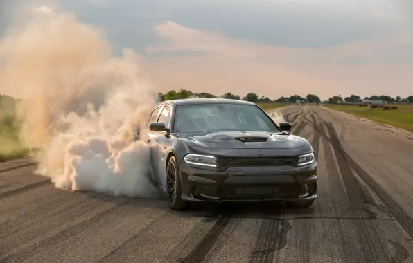 Car, Dodge, smoke, Charger, Hennessey, front view, Hennessey Dodge Charger SRT Hellcat