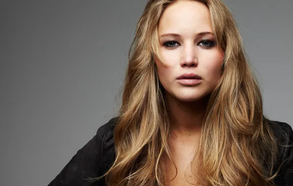 Взгляд, фон, портрет, актриса, куртка, прическа, фотограф, Jennifer Lawrence
