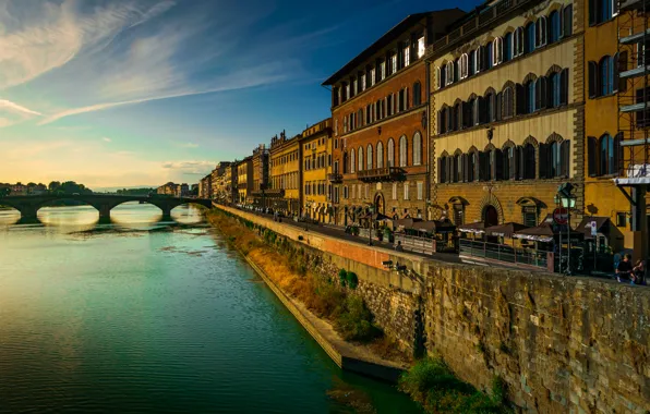 Мост, река, здания, дома, Италия, Флоренция, набережная, Italy