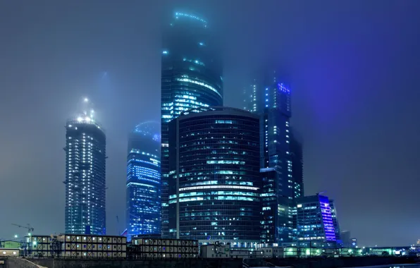 Картинка ночь, город, огни, туман, москва, небоскребы, постройка, комплекс
