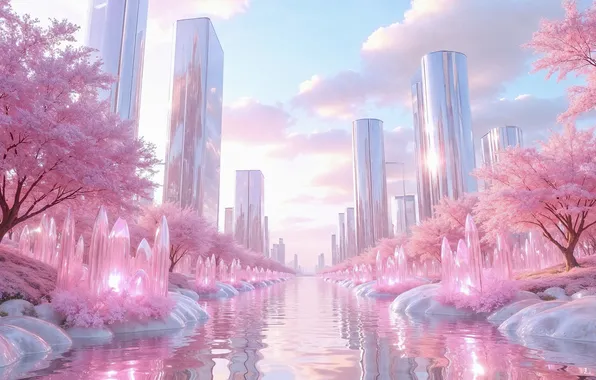 Небо, облака, деревья, цветы, город, рассвет, здания, весна