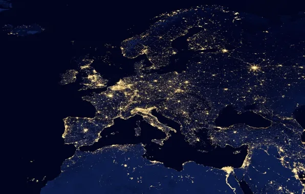 Картинка космос, свет, ночь, огни, карта, вечер, Европа, панорама