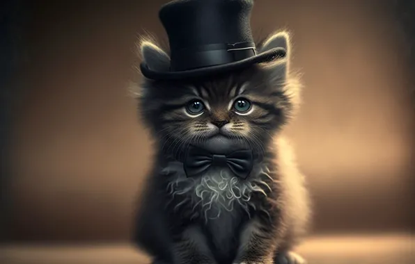 Кошка, взгляд, котенок, шляпа, мордашка, цилиндр, цифровое искусство, ИИ-арт