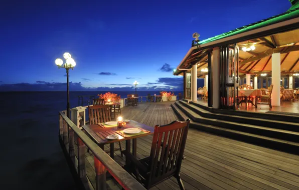 Океан, вечер, освещение, ресторан, Мальдивы, курорт, Maldives, зона отдыха