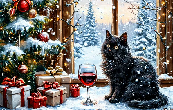 Кот, Окно, Новый год, Вино, Елка, Снегопад, Черный кот, Бокал вина