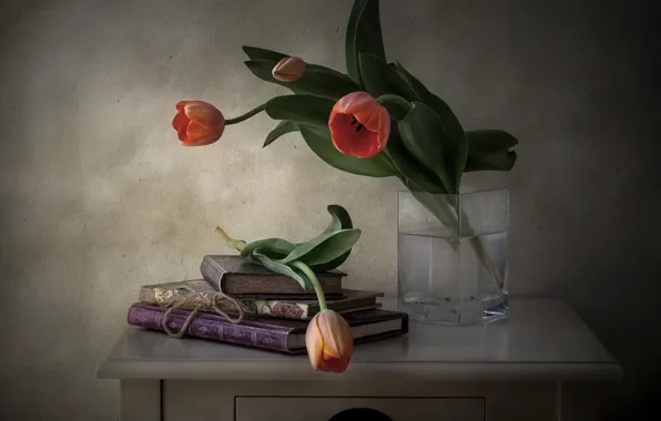 Картинка цветы, стиль, книги, тюльпаны, натюрморт