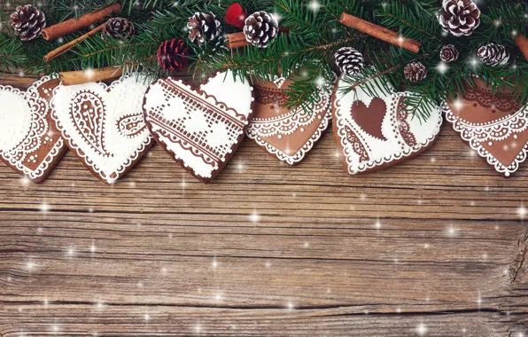 Украшения, печенье, Рождество, Новый год, christmas, new year, heart, wood