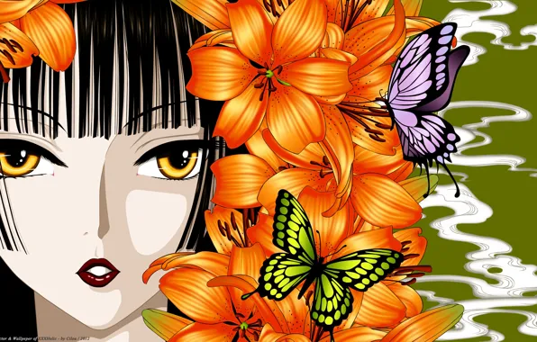 Девушка, бабочки, цветы, лицо, лилии, аниме, арт, xxxHolic
