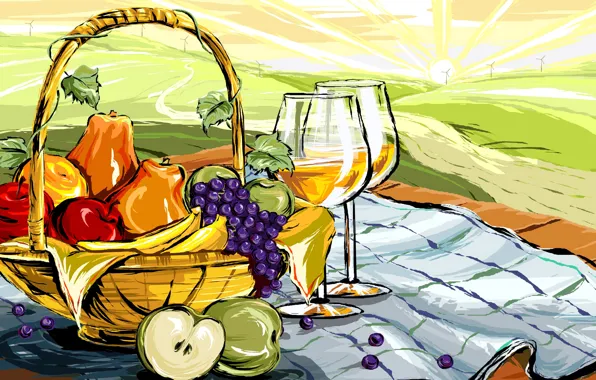 Картинка пейзаж, вино, яблоки, рисунок, бокал, еда, вектор, виноград