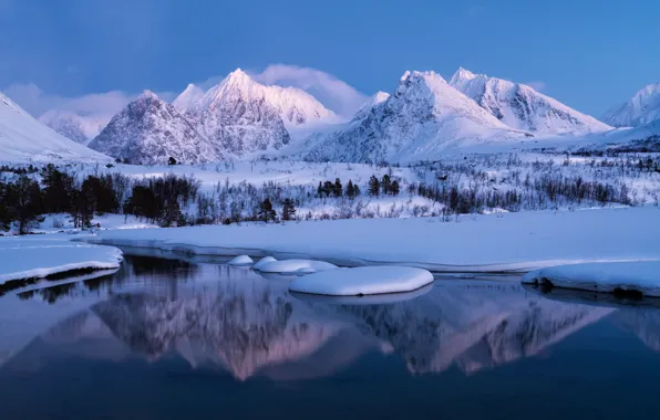 Картинка зима, снег, деревья, горы, озеро, отражение, Норвегия