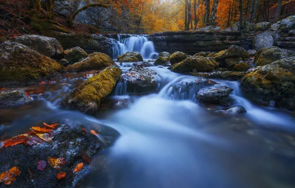 Картинка осень, листья, река, камни, Франция, водопад, каскад, France