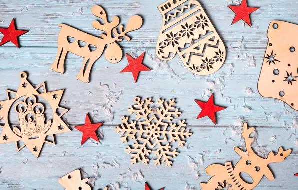 Картинка зима, украшения, снежинки, дерево, Новый Год, Рождество, Christmas, wood