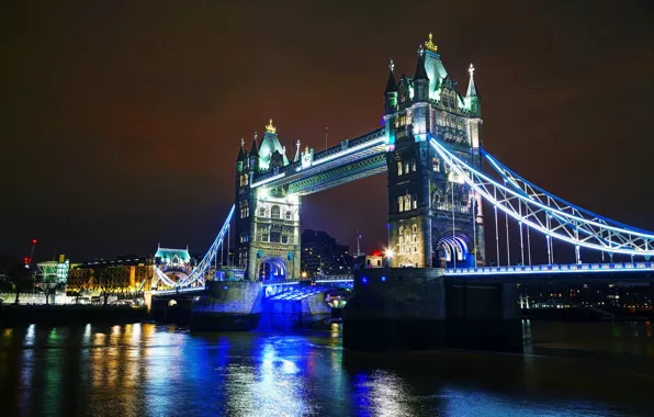 Ночь, мост, огни, река, Англия, Лондон, Темза, Tower Bridge