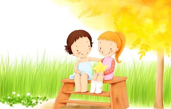 Картинка трава, цветы, дети, дерево, листва, девочки, звезда, улыбки