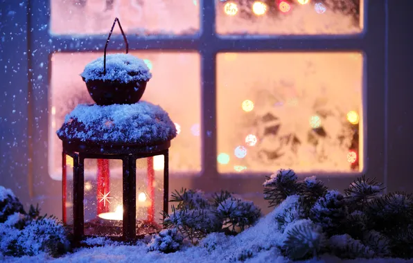 Зима, снег, снежинки, окна, свеча, окно, фонарь, Новый год
