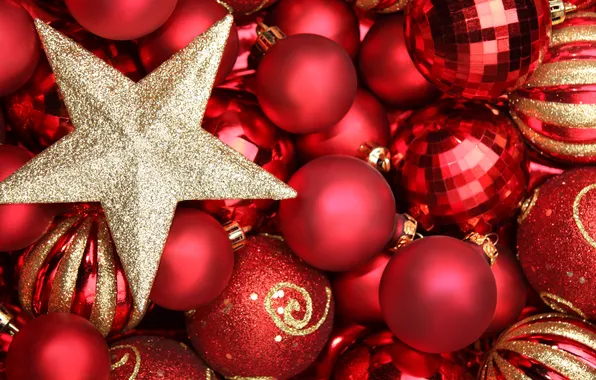 Картинка зима, шарики, шары, игрушки, звезда, Новый Год, Рождество, красные