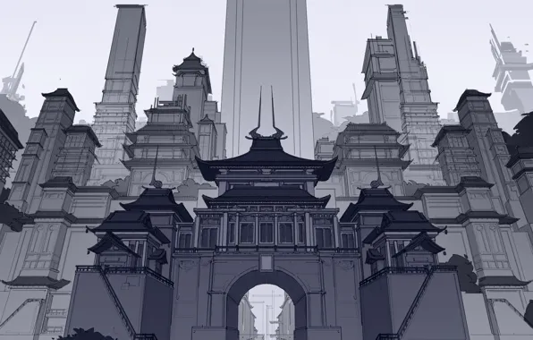 China, Fantasy, Art, Skyscrapers, Architecture, Line Art, by George Brad, George Brad