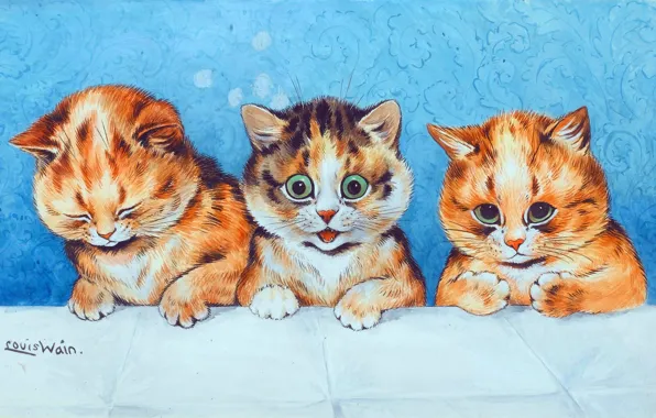 Котята, Картина, Трое, Louis William Wain, Луис Уэйн, Луис Уильям Уэйн, Louis Wain, Британский художник-анималист