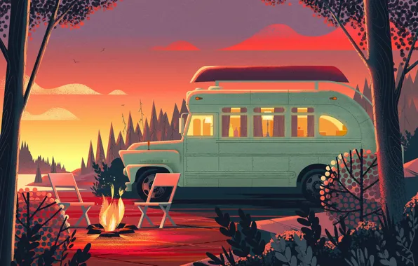 Берег, стулья, автомобиль, костёр, Nomadic Homes Illustrations