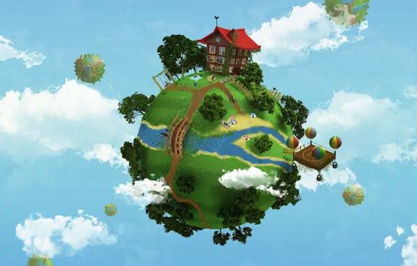 Картинка мост, дом, воздушный шар, река, планеты