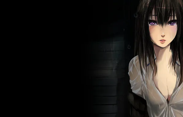 Девушка, дождь, мокрая, слезы, рубашка, steins gate, makise kurisu