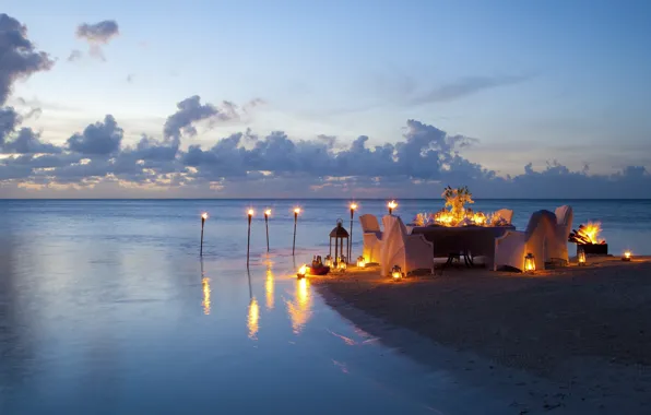 Картинка пляж, океан, романтика, вечер, свечи, beach, ocean, sunset