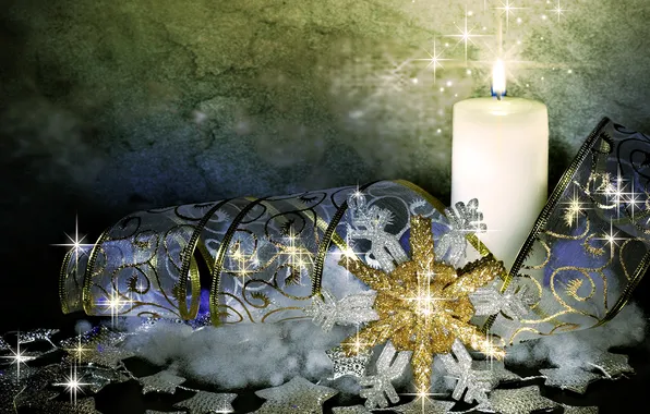 Картинка украшения, обои, свеча, лента, снежинка, голубая, 1920х1080, Новогодние