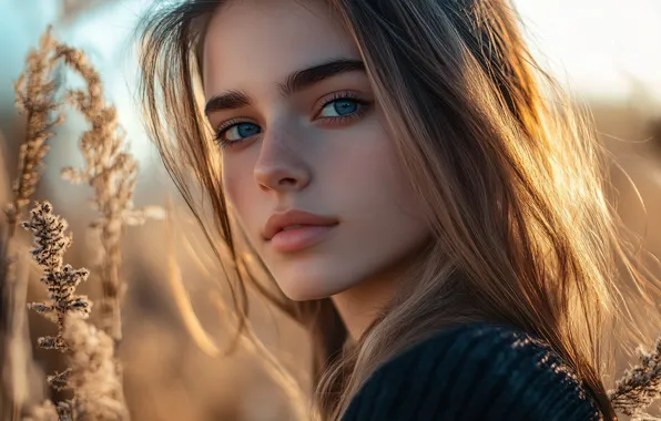 Поле, взгляд, девушка, солнце, свет, природа, лицо, портрет