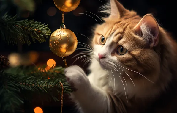 Кошка, кот, взгляд, шарики, ветки, поза, интерес, котенок
