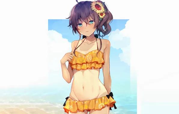 Girl, sexy, cleavage, beach, green eyes, boobs, anime, beautiful
