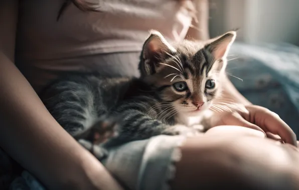 Кошка, кот, взгляд, девушка, свет, котенок, ноги, вместе