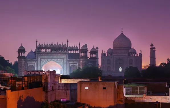 Картинка ночь, город, Индия, Тадж-Махал, подсветка, башни, архитектура, купола