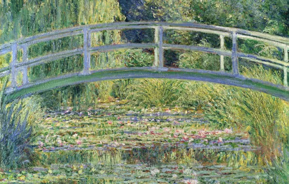 Картинка деревья, пейзаж, пруд, лилии, картина, Клод Моне, Японский Мостик