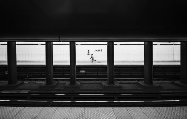 Underground, child, black and white, metro, rails, b/w, columns, sub train
