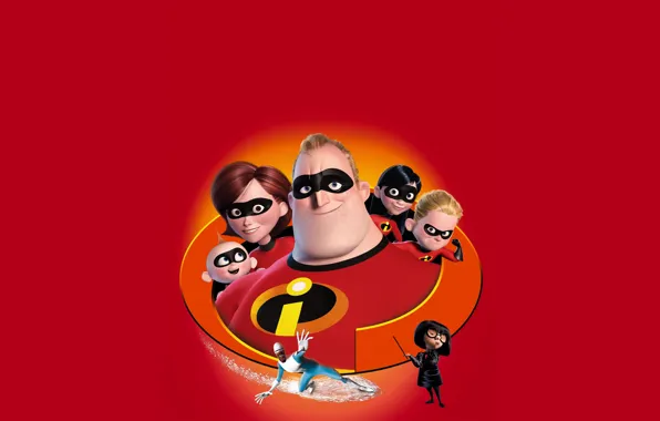 Картинка фантастика, мультфильм, Disney, Pixar, постер, красный фон, персонажи, Incredibles 2