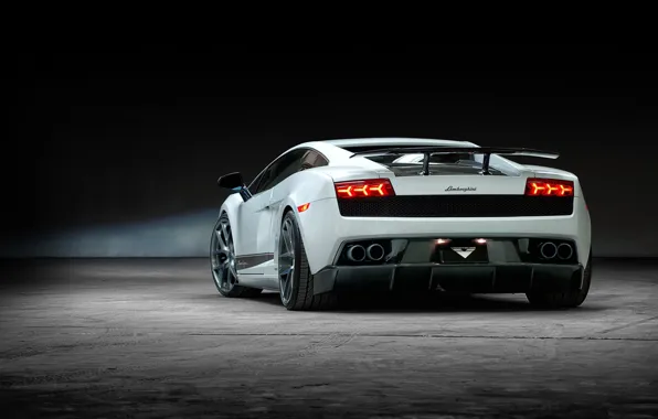 Картинка белый, фон, тюнинг, Lamborghini, суперкар, Gallardo, полумрак, вид сзади