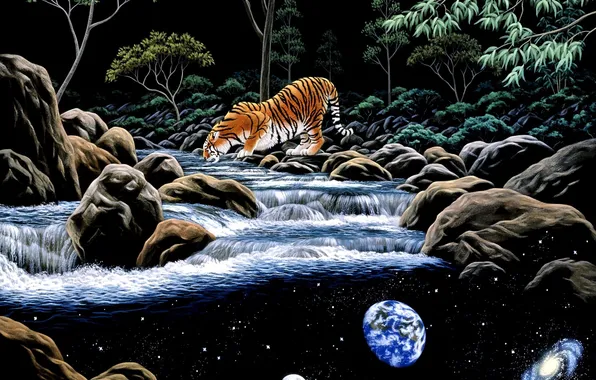 Картинка планета, арт, тигры, реки, William Schimmel