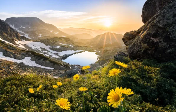 Картинка солнце, лучи, снег, пейзаж, цветы, горы, природа, озеро