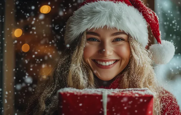 Зима, девушка, снег, радость, огни, улыбка, коробка, подарок