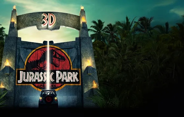 Машина, авто, пальмы, фантастика, ворота, постер, Парк Юрского периода, Jurassic Park