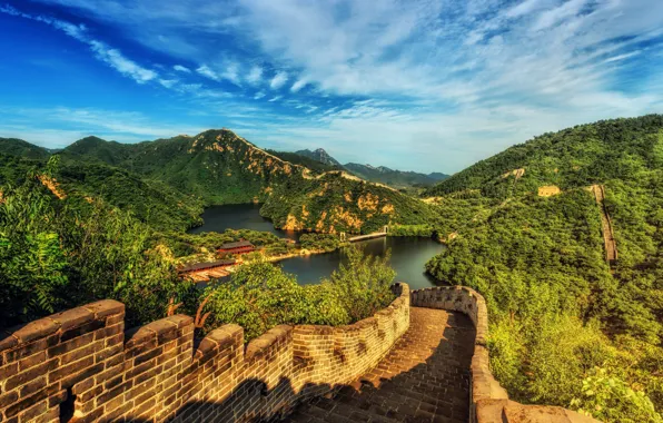 Пейзаж, горы, природа, река, стена, растительность, Китай, Великая Китайская стена