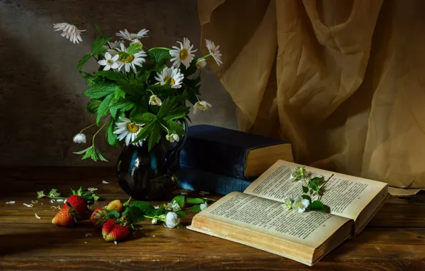 Свет, цветы, ягоды, стол, книги, ромашки, букет, клубника