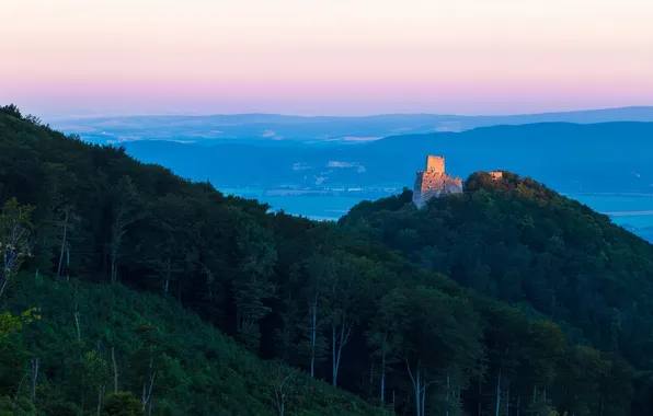 Картинка forest, trees, landscape, nature, hills, sunrise, ruins, castle